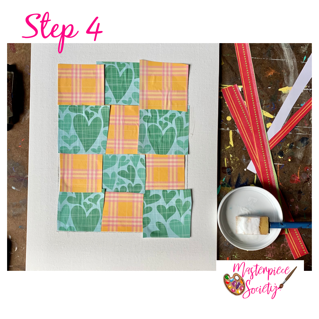 Gee's Bend Quilt Art - Step 4, Apply Mod Podge. Gee's Bend Quilt Art - Step 4, Apply Mod Podge.